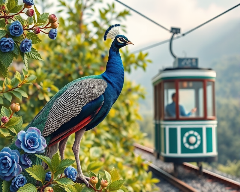 peacock, cable car, blueberry